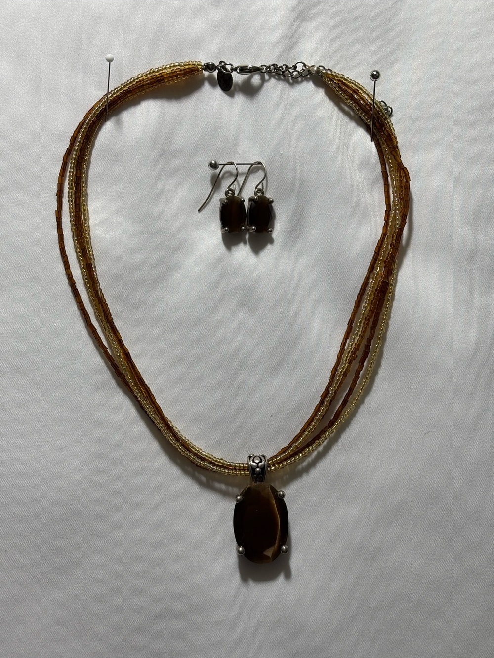 Vintage Smoky Topaz Brown Beaded Multi-Strand Pendant Necklace and Earrings
